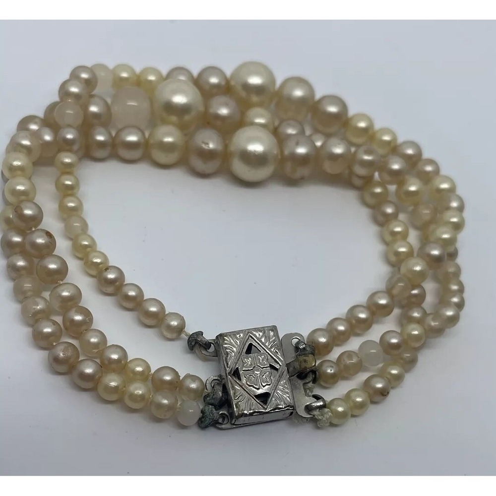 Vintage Triple Strand Faux Pearl Bracelet 6.5" Jewelry Silver Clasp Latch Japan